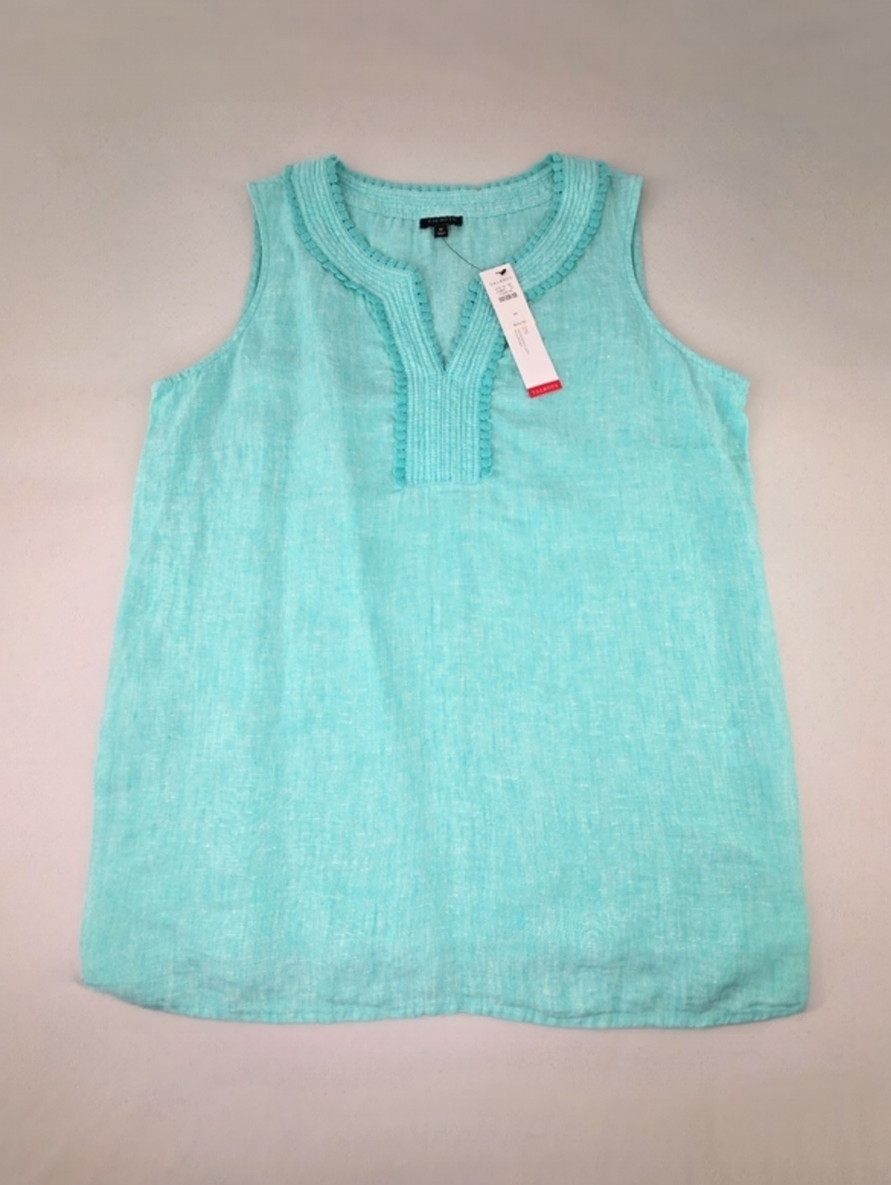 Talbots Scallop Trim Split Neck Linen Sleeveless Top Aqua Size M NWT